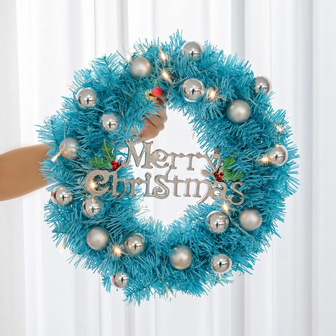 Guirnalda De Navidad Azul Con Bolas Plateadas LED Luces Cálidas Letrero Merry Christmas Decoración De Pared
