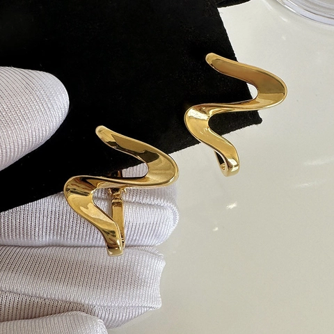 Minimalist S-Shaped Wave Hoop Earrings Copper 18K Real Gold Plated Irregular Geometric Ear Buckle For Women