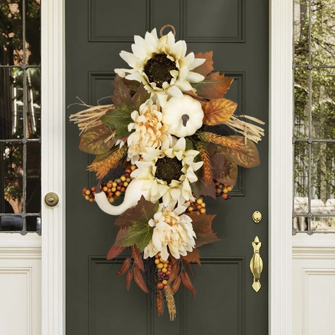 Autumn Teardrop Swag Wreath Artificial Sunflower White Pumpkin Maple Leaf Decoration For Harvest Thanksgiving Door