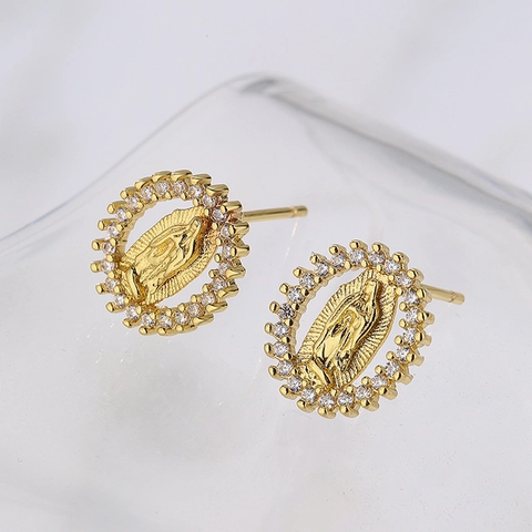 Boucles D'oreilles Puces Vierge Marie Cuivre Plaqué Or 18K Zircon Religieux Notre-Dame De Guadalupe Rétro Femme