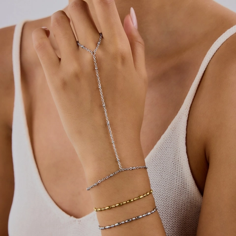 Minimalist Stainless Steel Finger Bracelet For Women Beaded Slave Chain Ring Hand Jewelry 18K Gold Plated Adjustable
