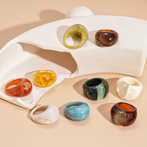 Retro Candy Color Resin Rings Geometric Chunky Oval Marble Acrylic Ring For Women Vintage Fashion Minimalist Jewelry