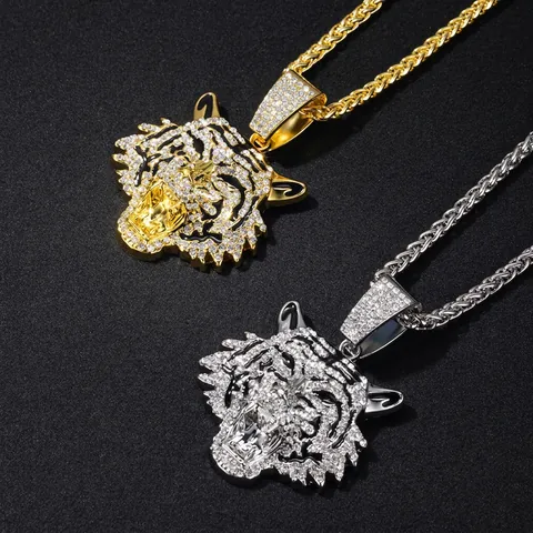 Hip Hop Tiger Head Pendant Necklace Alloy Rhinestone Iced Out Men Streetwear Jewelry Gold Silver Tone