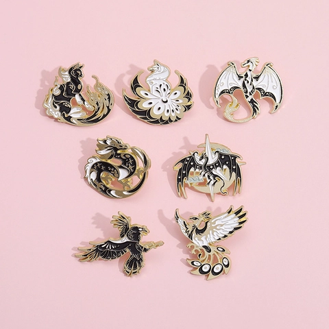 Broche Pin de Esmalte de Dragón Fénix Mitológico Vintage Aleación Animal Insignia Negro Blanco Chapado en Oro Joyería Accesorios Regalo