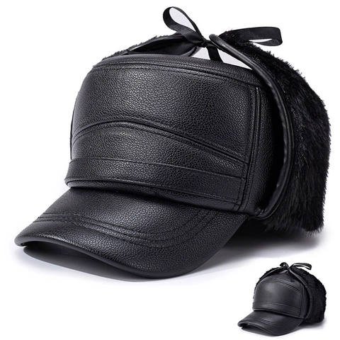 Gorro Bomber De Invierno Para Hombre Cuero PU Forro De Piel Sintética Grueso Cálido Resistente Al Viento Con Orejeras