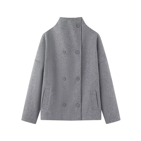 Abrigo Corto De Lana Para Mujer Doble Botonadura Cuello Alto Chaqueta Color Sólido Minimalista Ropa De Calle Con Bolsillos