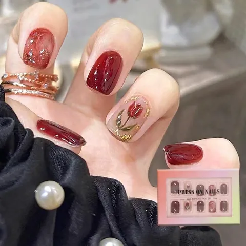 Press On Nails Deep Wine Red Cherry Glossy Tulip Floral Cat Eye Effect Gold Foil Elegant Vintage Style For Women