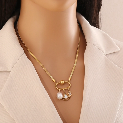 Collar De Acero Inoxidable Chapado En Oro Colgante Concha Corazón Perla Artificial Circón Cadena Serpiente Desmontable Giratorio Joyería Mujer