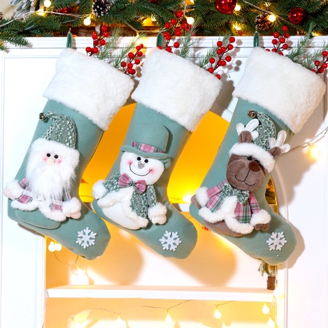 3D Cartoon Christmas Stocking Gift Bag Stereoscopic Santa Snowman Reindeer Hanging Ornament Plush Felt Mint Green