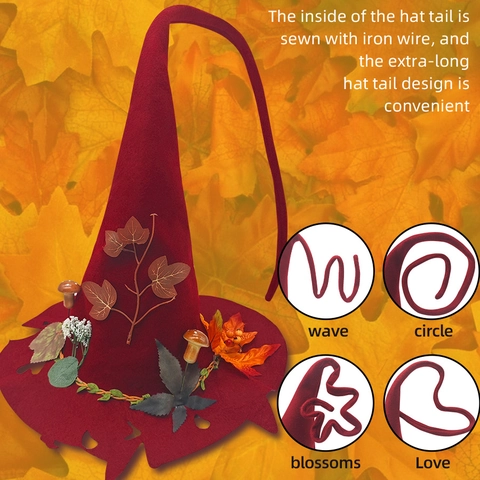 Handmade Halloween Witch Hat Polyester Felt Pointed Wizard Cap With Maple Leaves Mushroom Decorations Forest Party Cosplay