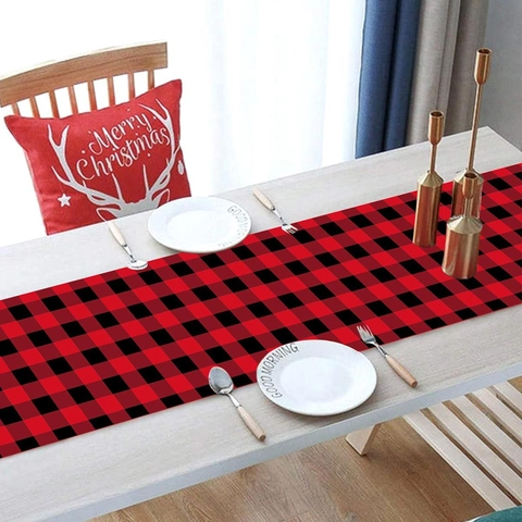 Christmas Table Runner Polyester Buffalo Plaid Pattern Holiday Dining Party Decoration Merry Christmas Print Rustic