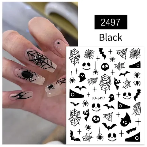 Halloween 3D Nail Art Stickers Gothic Dark Spider Web Bat Skull Black Silver Metallic Adhesive Decals Women Manicure