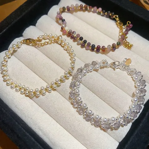 Double Layer Beaded Bracelet With Artificial Pearls And Natural Stones Hand-Made Vintage Court Style For Women Adjustable Length