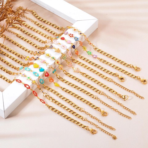 Stainless Steel Gold Plated Bracelet For Women Cute Colorful Enamel Heart Lips Flower Mushroom Charms Adjustable Chain Jewelry