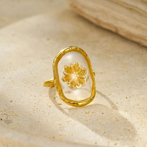 Vintage Stainless Steel Resin Flower Open Ring Geometric Gold Plated Fashion Finger Ring For Women Jewelry Gift