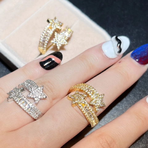 Shiny Copper Star Open Ring for Women Rhinestone Inlaid Adjustable Fashion Hip Hop Jewelry Adjustable Finger Ring Gift