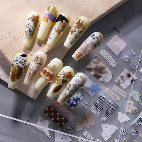 Vintage Krantenstijl Nagellak Stickers Zelfklevend PET Ultradun Waterdicht DIY Manicure Decoratie Vlinder Kant Decoratie