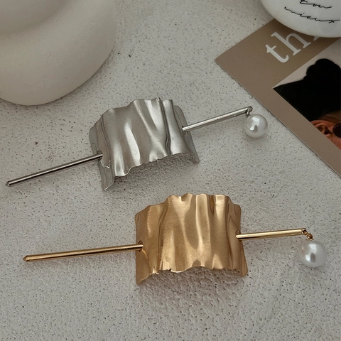 Bastoncino Per Capelli In Lega Con Placca Geometrica Irregular E Pendente Di Perla Artificial Accessorio Elegante Donna