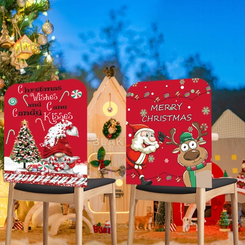 Christmas Chair Back Covers Faux Shearling Cloth Dining Room Kitchen Decoration Festive Cartoon Santa Elk Gnome Print Red