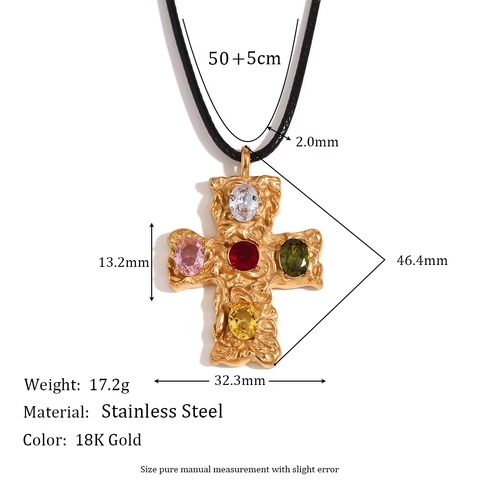 Retro Gehamerde Textuur Kruis Hanger Ketting Voor Vrouwen Roestvrij Staal Verguld Kleurrijke Strass Zwart Waxkoord Boho Sieraden