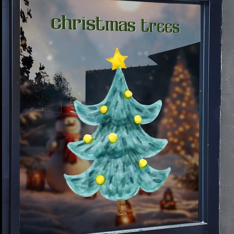 Christmas Window Sticker Static PVC Cling Glue-Free Removable Watercolor Christmas Tree Double Sided Holiday Decor