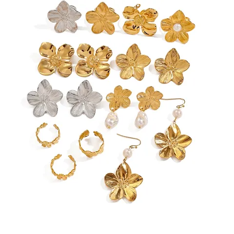 Floral Jewelry Stainless Steel Earring Post Stud Dangle Earrings And Open Rings With Artificial Baroque Pearl Women French Style