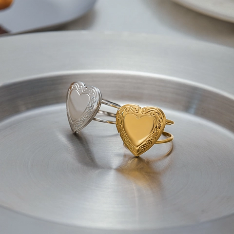 Herz Medaillon Ring Edelstahl 18k Vergoldet Vintage Geprägte Blume Fotofach Verstellbares Offenes Band Retro Schmuck