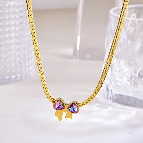 Ensemble de Bijoux en Acier Inoxydable Nœud Papillon Cœur Strass Collier Boucles d'Oreilles Bracelet Plaqué Or pour Femme