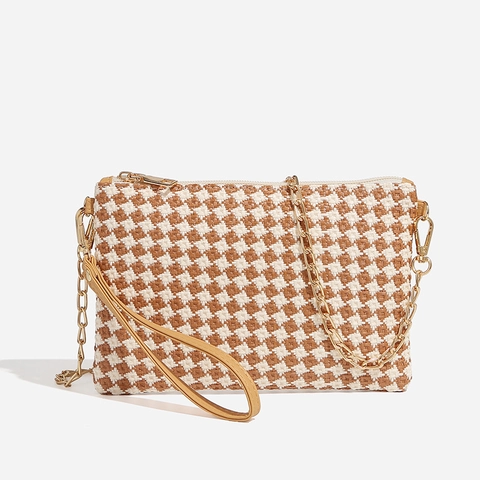 Checkerboard Woven Crossbody Bag For Women Small Shoulder Handbag With PU Leather Wristlet And Metal Chain Strap Beach Style