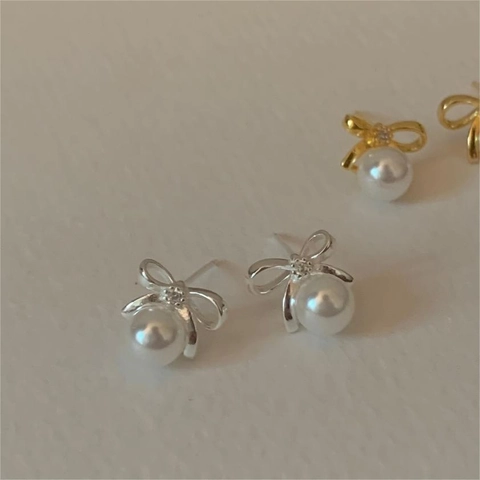 Pendientes De Botón Con Perla Artificial Y Lazo Con Poste De Plata De Ley 925 Joyería Elegante De Nudo Para Mujer