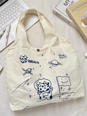 Borsa A Tracolla In Tela Grande Capacità Simpatica Stampa Mucca Astronauta Borsa Tote Con Bottone A Pressione Per Studenti Scuola