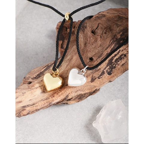 Collier Pendentif Cœur en Argent Sterling 925 Minimaliste Avec Corde de Cire Noire Réglable Bijoux Style INS pour Femmes Cadeau