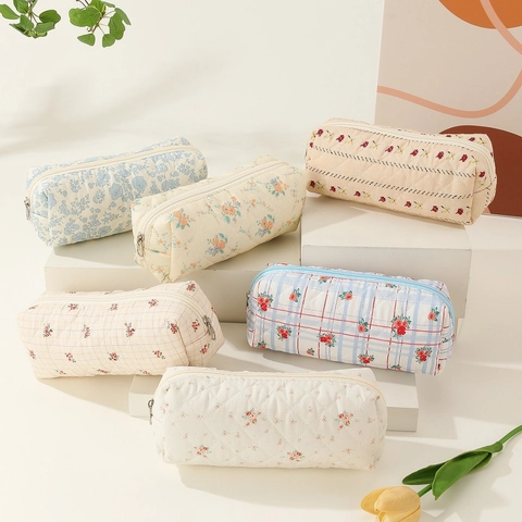 Neceser De Maquillaje De Algodón Acolchado Estampado Floral Bolsa De Viaje Portátil Estuche De Lápices Para Mujeres Niñas
