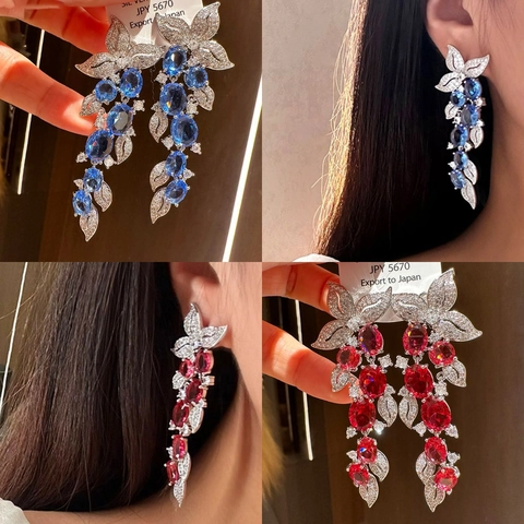 Leaf Tassel Dangle Earrings Red Zircon Rhinestone Copper Jewelry With 925 Sterling Silver Earring Post For Women Elegant