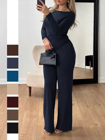 Women Slant Shoulder Top And Wide Leg Pants Elegant Polyester Spandex Textured Casual Streetwear Outfits