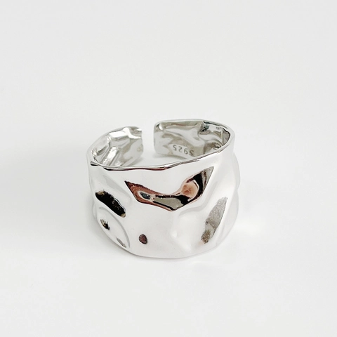 925 Sterling Silver Ring Irregular Hammered Texture Molten Lava Style Wide Band Adjustable Open Modern Minimalist Jewelry