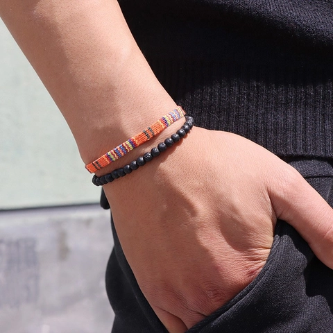 Vintage Lava Stone Beaded Bracelet And Woven Fabric Ethnic Pattern Adjustable Wristband For Men Bohemian Style