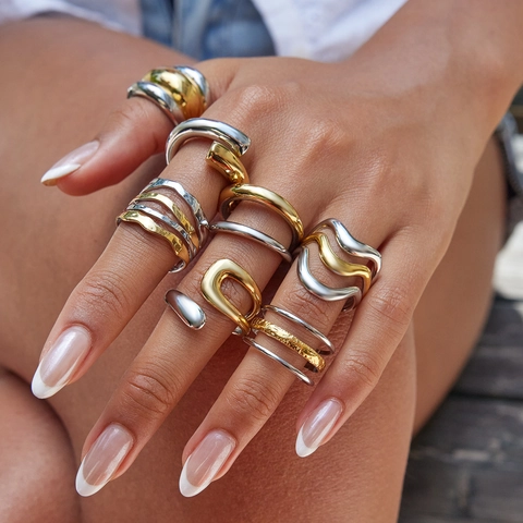 Modern Interlocking Double Layer Ring 18K Gold Plated Stainless Steel Two Tone Geometric Waterproof Hypoallergenic Women