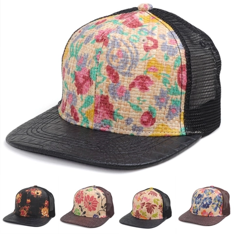 Cappello Trucker In Paglia Floreale Visiera In Pelle Coccodrillo Mesh Traspirante Cappello Da Baseball Visiera Piatta Snapback