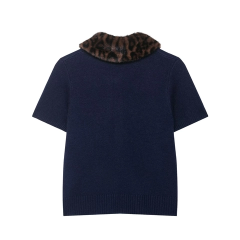 Gebreid Vest Met Korte Mouwen Dames Retro Luipaard Kunstbontkraag Knoopsluiting Gebreide Top Marineblauw