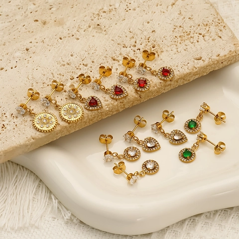 Orecchini Pendenti Cuore In Zircone Acciaio Inossidabile 304 Placcato Oro 18K Impermeabile Gioielli Per Donne