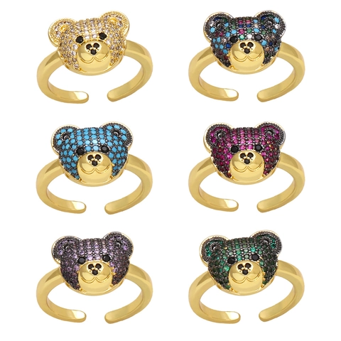 Cute Bear Head Open Ring For Women Copper Gold Plated Zirconia Micro Pave Adjustable Finger Ring Sweet Fashion Jewelry Gift