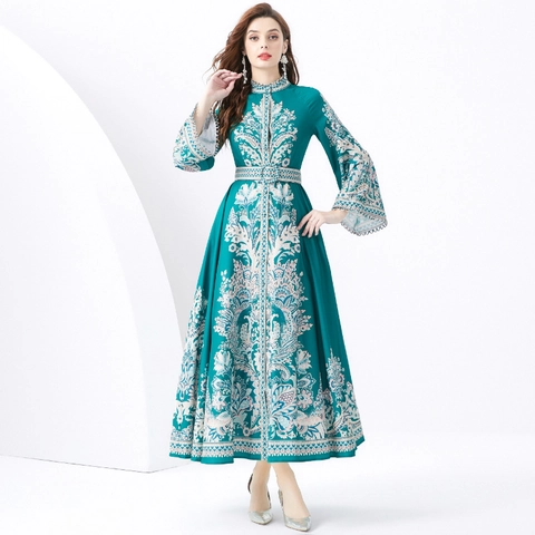Robe Maxi En Mousseline À Imprimé Paisley Vintage Col Montant Manches Évasées Style De Cour Élégante Longue Pour Femmes
