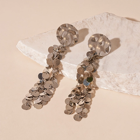 Orecchini Lunghi A Nappa Con Piastra Rotonda Martellata E Perno In Argento 925 Sterling Rame Paillettes Per Donna