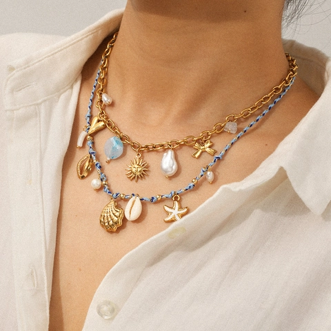 Collar Boho Acero Inoxidable Chapado En Oro 18K Colgante Concha Estrella De Mar Corazón Perla Artificial Cuerda Tejida Joyería Playa