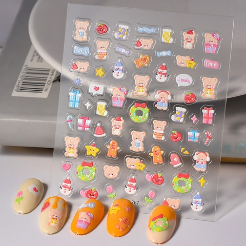 Autocollants À Ongles En Relief Imperméables Autocollants Dessin Animé Ours Fleur Animal Motifs Manucure Pour Femmes Filles
