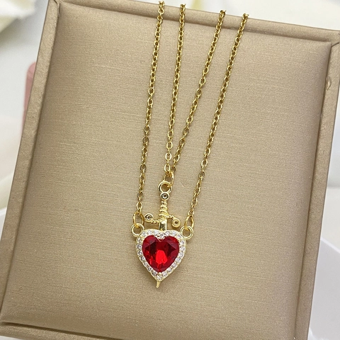 Collana Con Pendente A Cuore In Acciaio Inossidabile E Ciondolo A Spada Pugnale Gioielli A Strati Con Zircone Rosso Rosa Per Donne