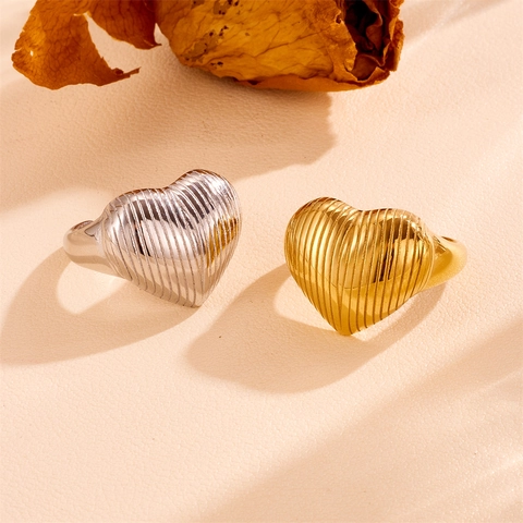 Anillo De Corazón Rayado Acero Inoxidable Abierto Ajustable Joyería De Moda Para Mujeres Estilo Vintage