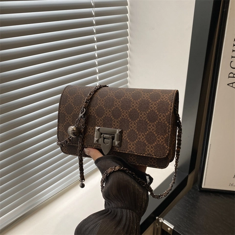 Dames Schoudertas Luipaardprint Monogram Patroon PU Leer Kleine Vierkante Tas Verstelbare Metalen Kettingriem Retro Flip Cover Slot Casual