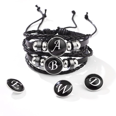 Bracciale In Pelle Intrecciata Multistrato Lettera Iniziale Bottone A Pressione In Vetro Perline Ematite Gioielli Punk